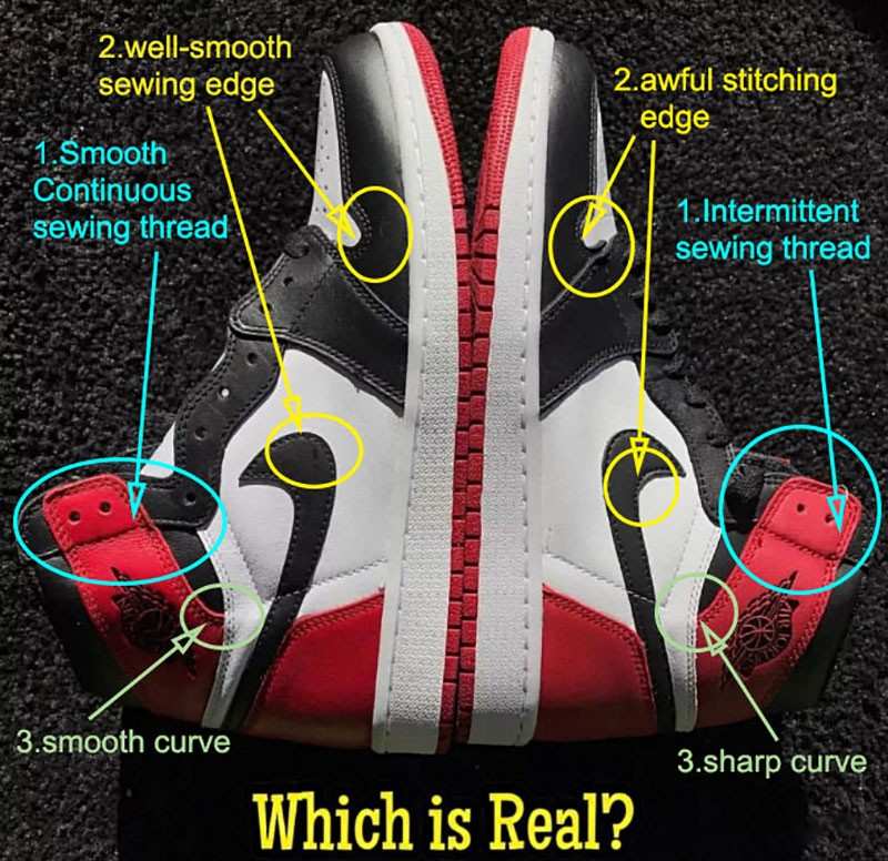 So sánh giày Jordan 1 High Bred Toe real và fake chi tiết nhất