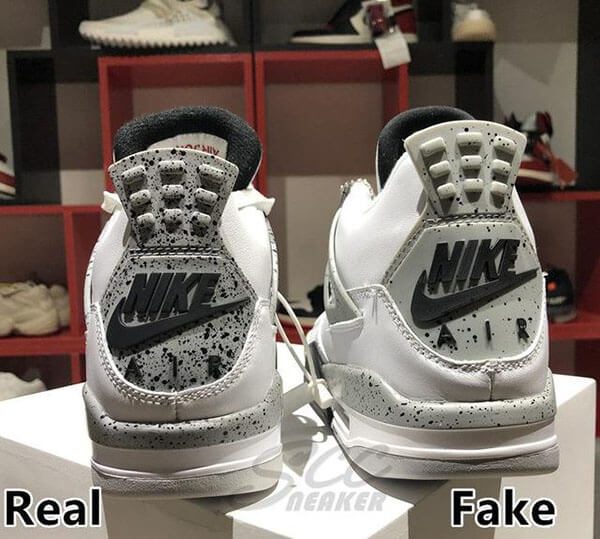 Phần gót của đôi Jordan 4 Retro White Cement real và fake
