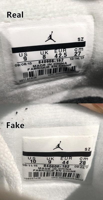 Phần tag size của đôi Jordan 4 Retro White Cement real và fake