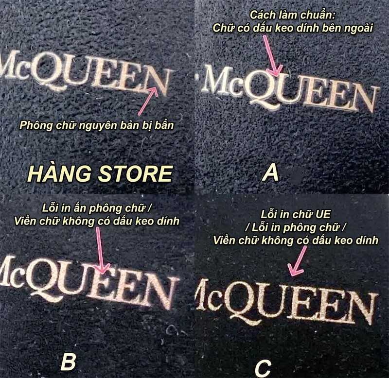 Cách nhận biết giày Alexander McQueen real và fake qua logo trên gót giày màu đen