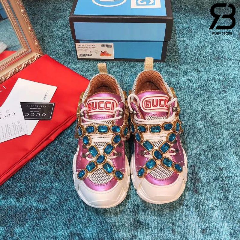 Giày Gucci Flashtrek Sneaker With Crystals In Pink White siêu cấp