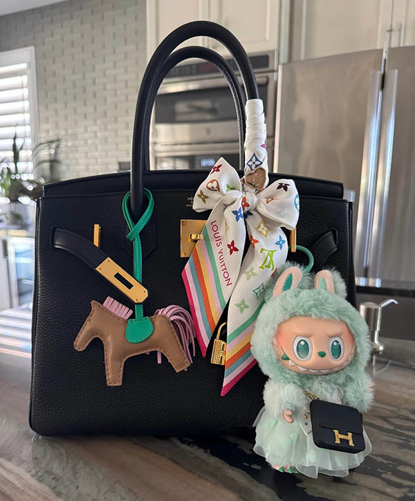 Túi Hermes Birkin màu đen và labubu màu xanh