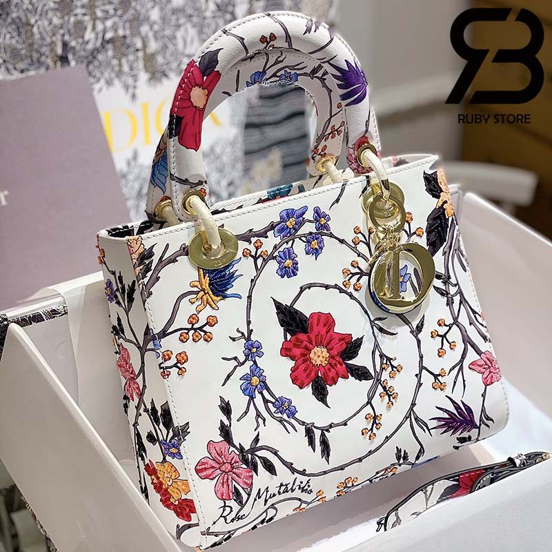 Túi Medium Dior D-Lite Trắng Hoa Hồng 24cm Best Quality 99% Auth