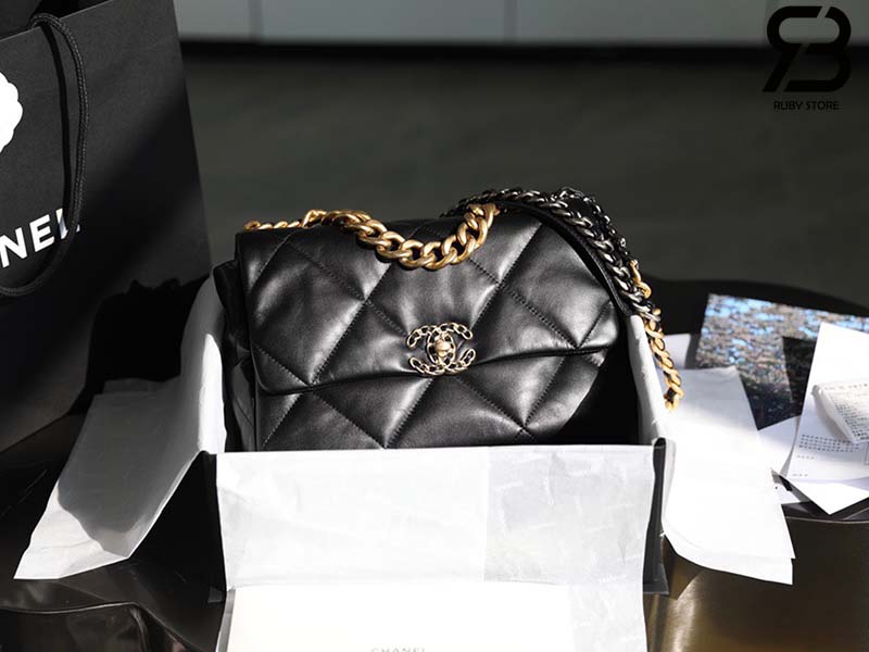 Túi Chanel 19 Flap Bag Large đen da cừu khóa vàng best quality 30cm