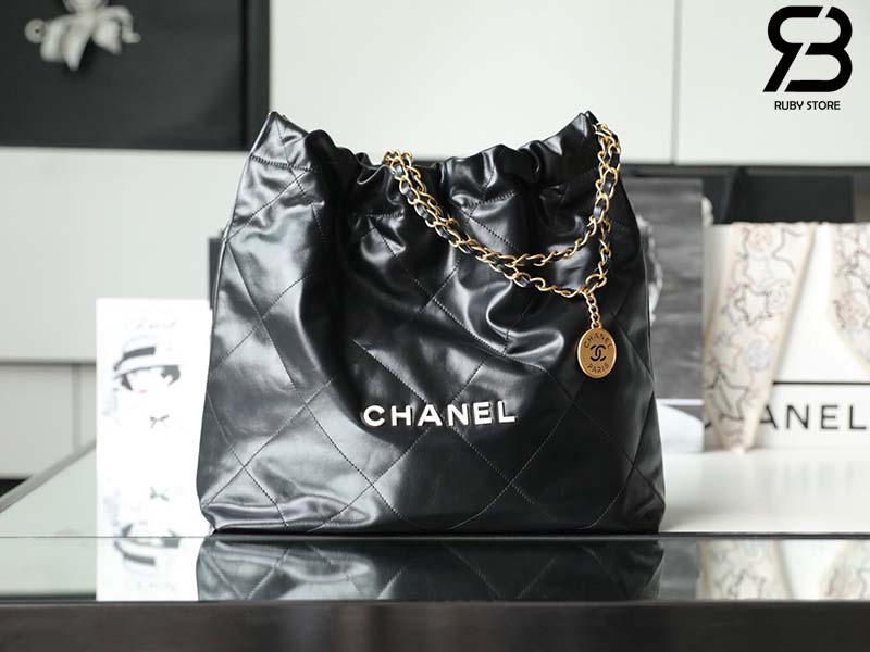 Túi Chanel 22 Shopping Đen Logo Trắng Da Bê 38Cm Best Quality