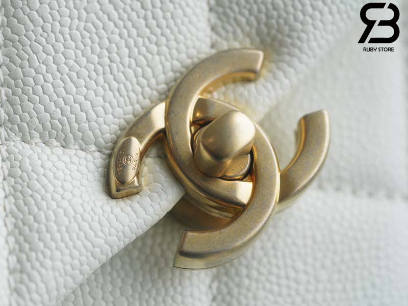 Ba lô Chanel White Gold Trắng Khóa Vàng Da Caviar 20CM Best Quality 