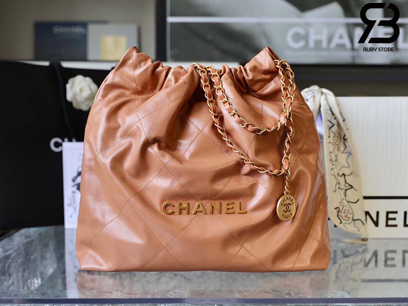 Túi Chanel 22 Handbag Light Brown Gold Nâu Logo Vàng Da Bê 38CM Best Quality