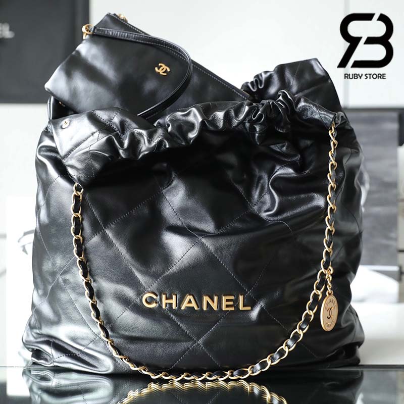 Túi Chanel 22 Large Handbag đen logo vàng da bê 45cm best quality
