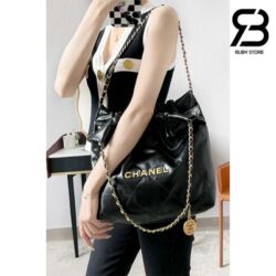 Túi Chanel 22 Small Handbag Black Gold Đen Logo Vàng Da Bê 34CM Best Quality