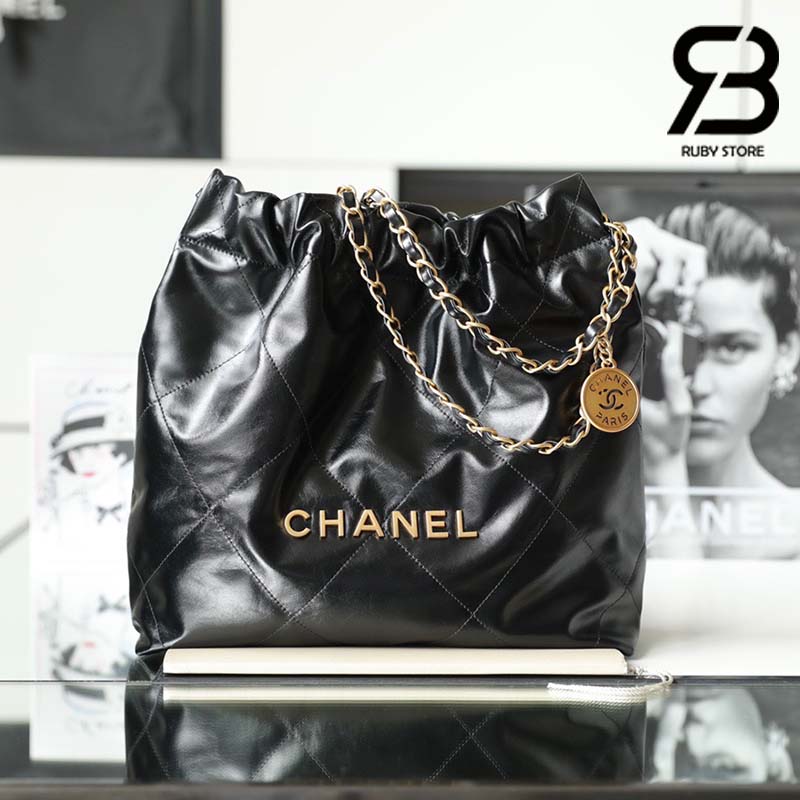 Túi Chanel 22 Small Handbag Black Gold Đen Vàng Da Bê 34CM Best Quality