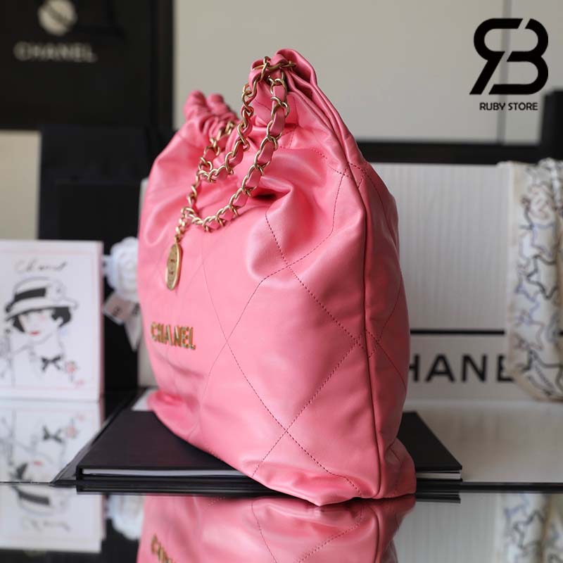 Túi Chanel 22 Handbag Pink Gold Hồng Logo Vàng Da Bê 38CM Best Quality