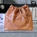 Túi Chanel 22 Small Handbag Light Brown Gold Nâu Logo Vàng Da Bê 34CM Best Quality
