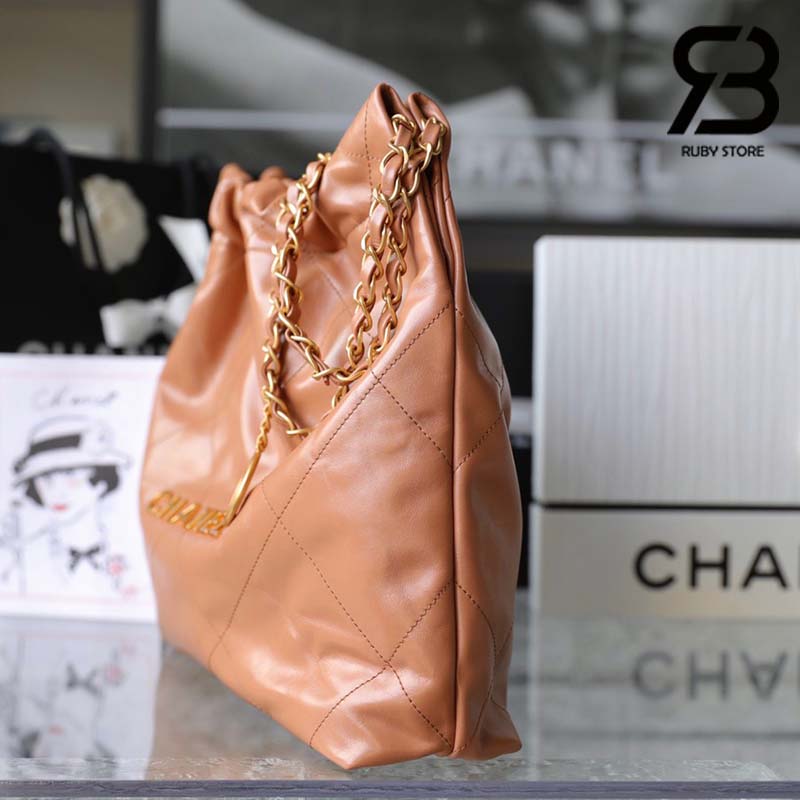 Túi Chanel 22 Small Handbag Lighrt Nâu Logo Vàng Da Bê 34Cm Best Quality