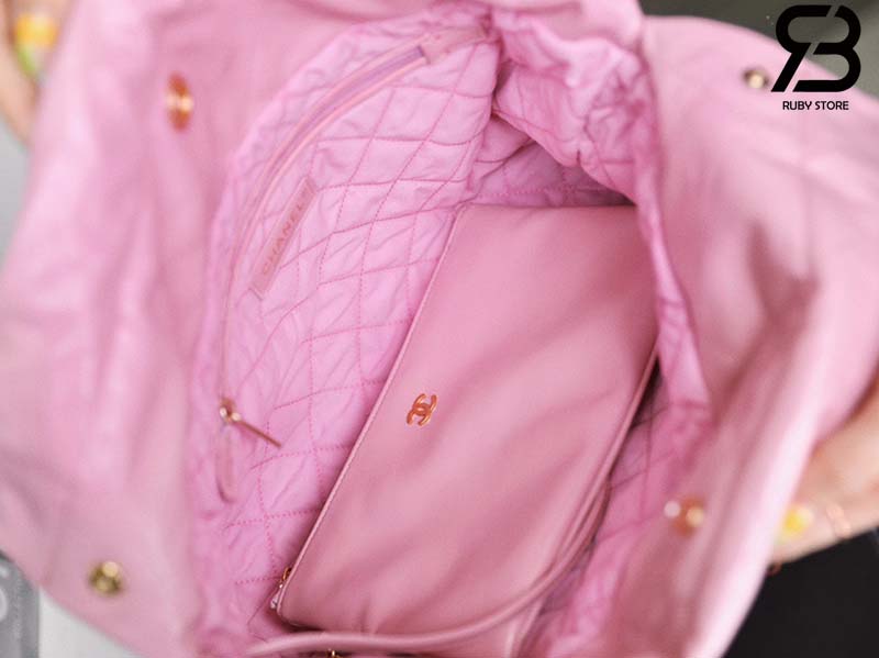 Túi Chanel 22 Small Handbag Pink Gold Hồng Logo Vàng Da Bê 34CM Best Quality