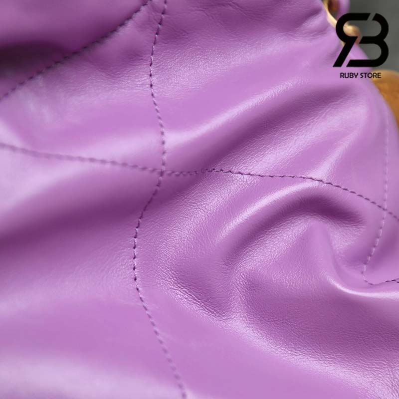Túi Chanel 22 Small Handbag Purple Gold Tím Logo Vàng Da Bê 34CM Best Quality