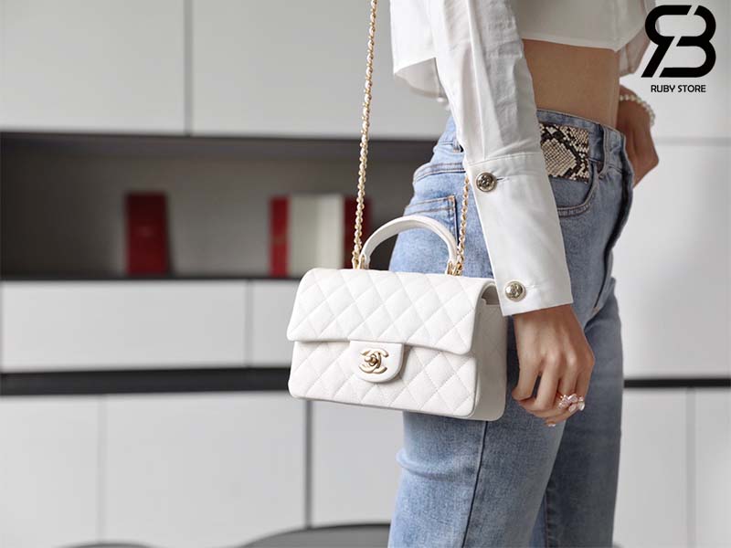 Túi Chanel Mini Flap Bag With Top Handle Màu Trắng Da Incas Canvas 20CM Best Quality