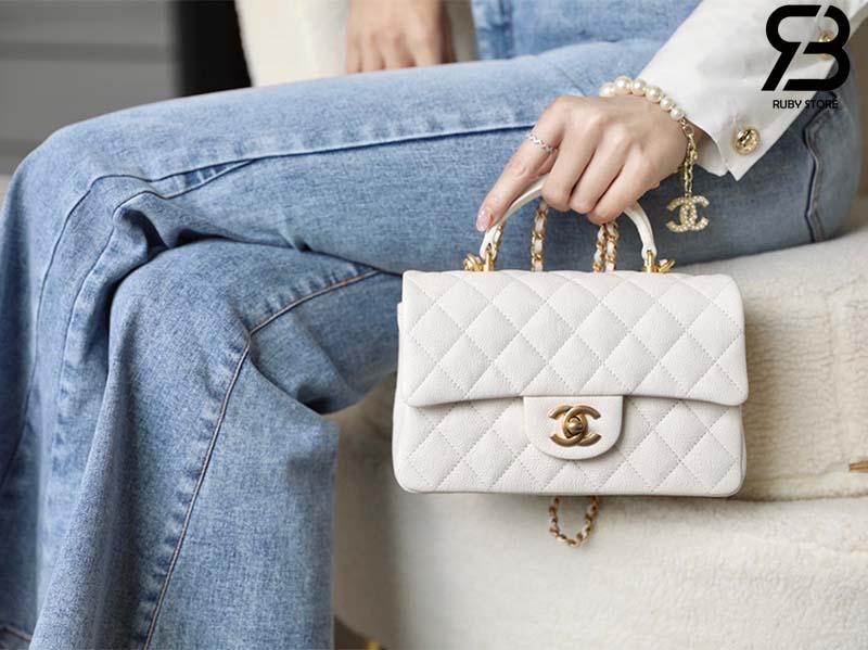 Túi Chanel Mini Flap Bag With Top Handle Màu Trắng Da Incas Canvas 20CM Best Quality