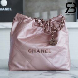 Túi Chanel 22 Medium Handbag Irridescent Hồng Logo Bạc Da Bê 38CM Best Quality