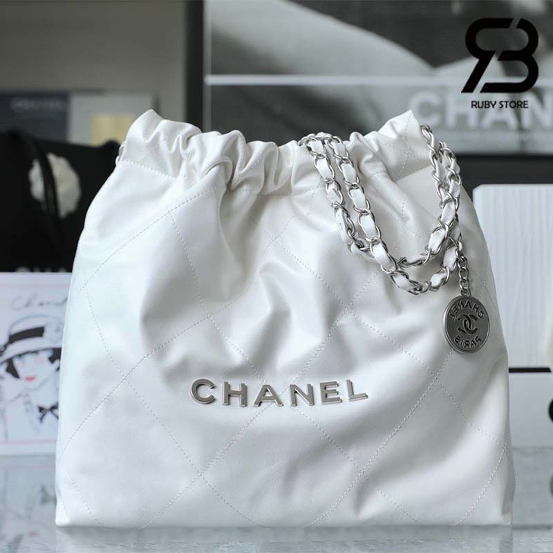 Túi Chanel 22 Small Handbag Trắng Logo Bạc Da Bê 34CM Best Quality 