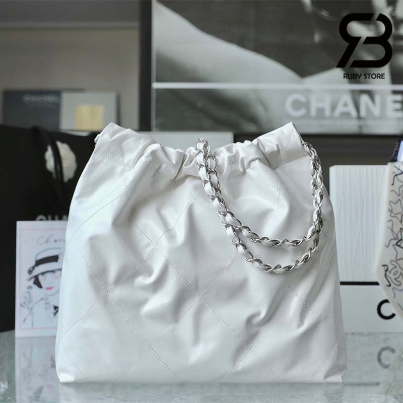 Túi Chanel 22 Small Handbag Trắng Logo Bạc Da Bê 34CM Best Quality 
