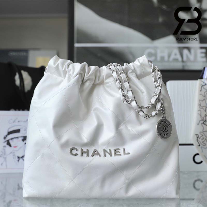 Túi Chanel 22 Small Handbag Trắng Logo Bạc Da Bê 34CM Best Quality
