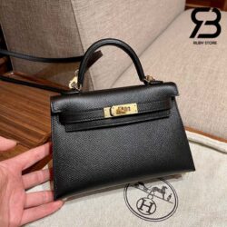 Túi Hermes Mini Kelly II 20 Noir Epsom Đen Khóa Vàng Khâu Tay Best Quality