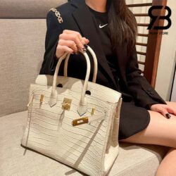 Túi Hermes Birkin 30 Porosus Crocodile Kem Beton Matte Khóa Vàng Khâu Tay Best Quality