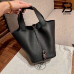 Túi Hermes Picotin 18 Đen Noir Taurillon Clemence Khóa Bạch Kim Khâu Tay Best Quality