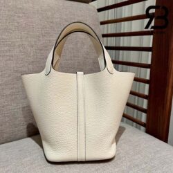 Túi Hermes Picotin 18 Trắng Kem Craie Taurillon Clemence Khóa Vàng Khâu Tay Best Quality