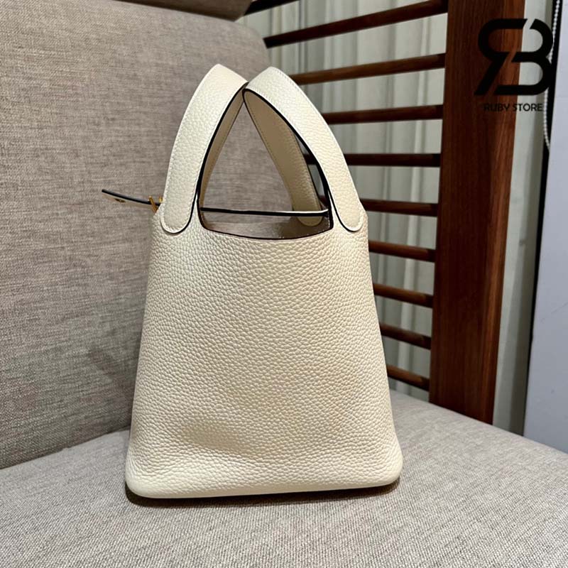 Túi Hermes Picotin 18 Trắng Kem Craie Taurillon Clemence Khóa Vàng Khâu Tay Best Quality