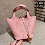 Túi Hermes Picotin 18 Hồng Rose Sakura Taurillon Clemence Khóa Vàng Khâu Tay Best Quality