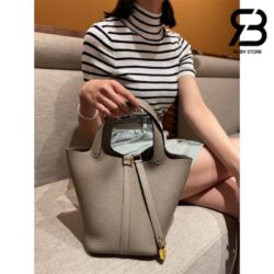 Túi Hermes Picotin 18 Taupe Xám Taurillon Clemence Khóa Vàng Khâu Tay Best Quality