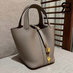 Túi Hermes Picotin 18 Taupe Xám Taurillon Clemence Khóa Vàng Khâu Tay Best Quality