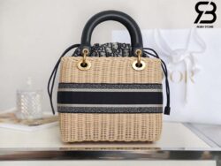 Túi Medium Lady Dior Bag Xanh Natural Wicker Oblique Jacquard 24CM Best Quality