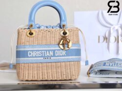 Túi Medium Lady Dior Bag Xanh Natural Wicker Cornflower Oblique Jacquard 24CM Best Quality