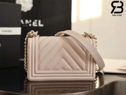 Túi Chanel Boy Small Màu Be Nhạt Chevron Da Caviar Khóa Vàng Best Quality
