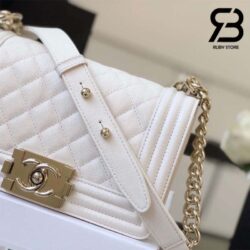 Túi Chanel Boy Small Màu Trắng Da Caviar Khóa Vàng Best Quality