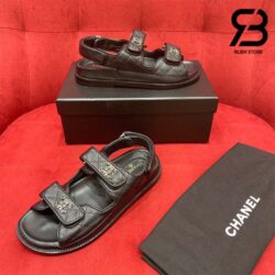 Dép Chanel 21C Black Caviar Gold CC Logo Mule Silde Strap Dad Sandal Best Quality