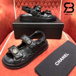 Dép Chanel 21C Black Caviar Round Logo Mule Silde Strap Dad Sandal Best Quality
