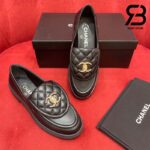 Giày Chanel Black Gold Tab Loafers Turn-lock Flats Interlocking CC Flats Lambskin Best Quality