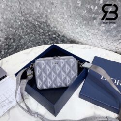Túi Dior Pouch With Strap Xám Diamond Canvas 17CM Best Quality