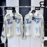 Áo LV 2022FW Multi-Patches Mixed Leather Varsity Blouson Trắng Kem Best Quality