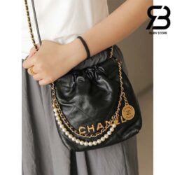 Túi Chanel 22 Mini Handbag Đen Crumpled Da Bê Pearl Chain GHW 20CM Best Quality