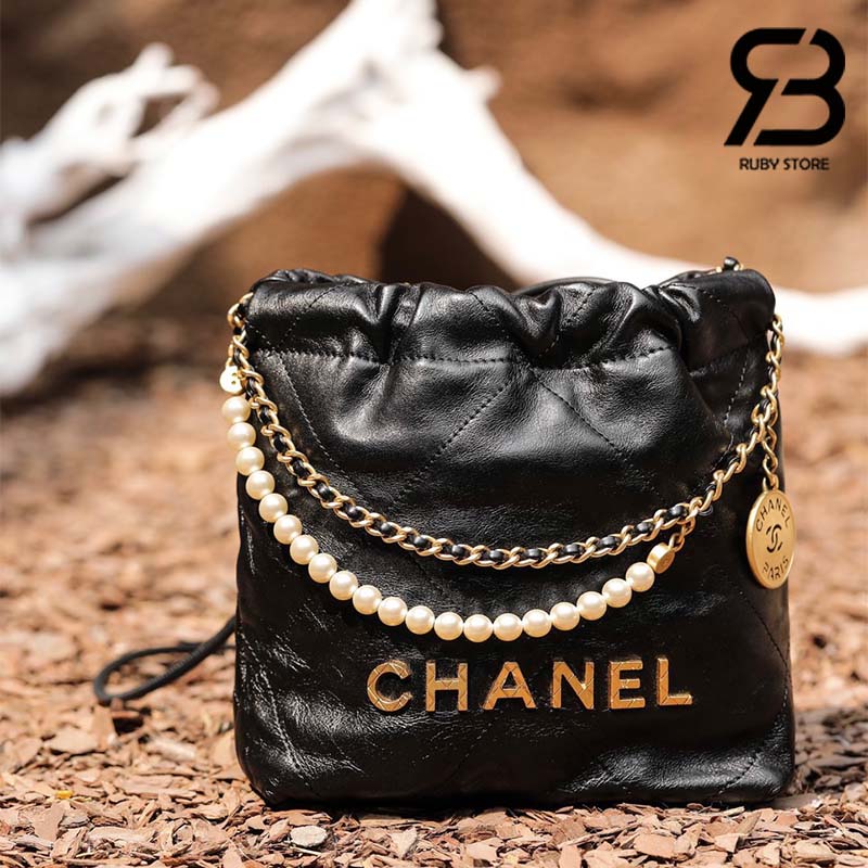 Túi Chanel 22 Mini Handbag Đen Crumpled Da Bê Pearl Chain Ghw Best Quality