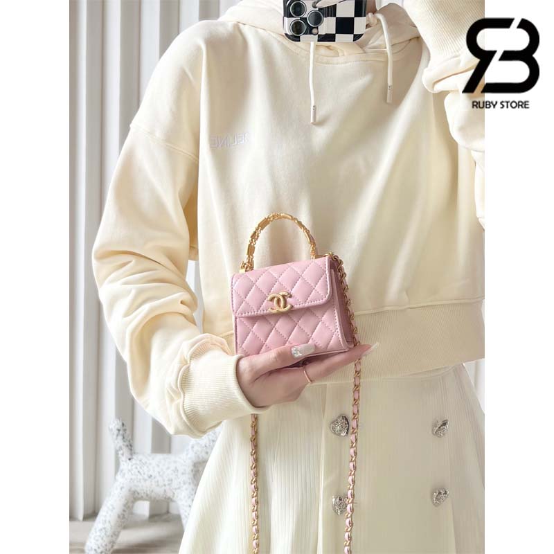 Túi Chanel 22B Extra Mini Handle Clutch With Chain Hồng Sakura Lambskin Best Quality
