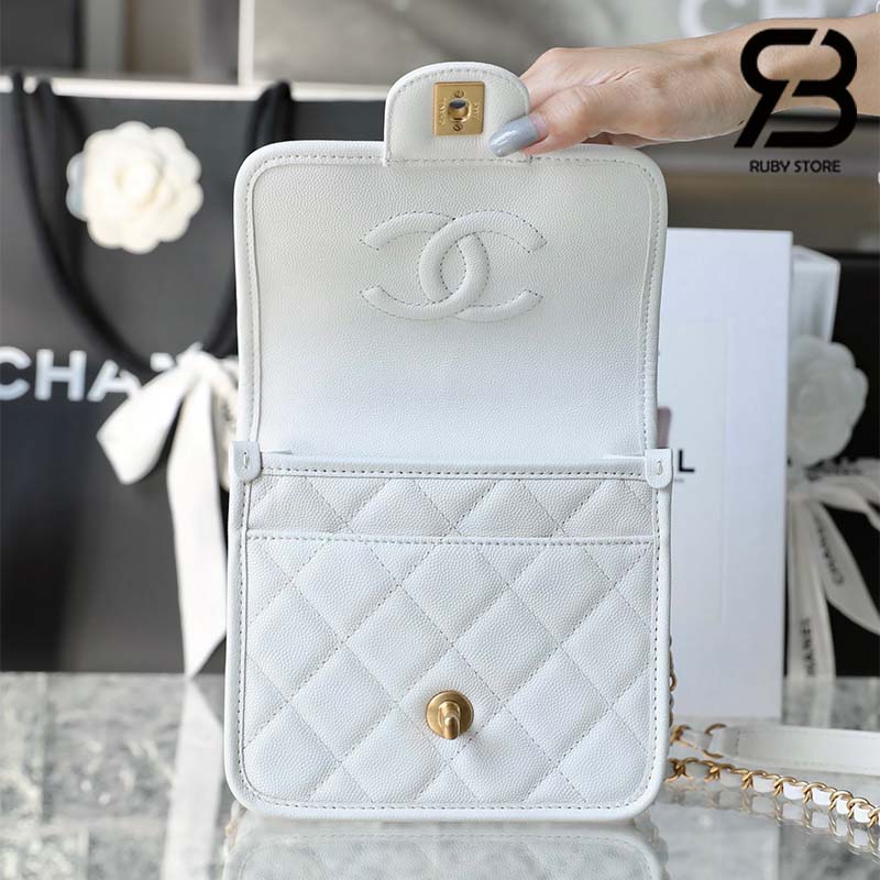 Chanel 22K Small Flap Bag With Top Handle Trắng Da Caviar Ghw Best Quality