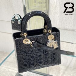 Túi Medium Lady Dior Bag Đen Bóng Cannage Calfskin GHW 24CM Best Quality