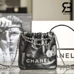 Túi Chanel 22 Mini Handbag Black Shiny Đen Logo Bạc Da Bê SHW 20CM Best Quality