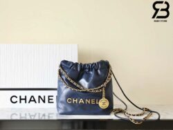 Túi Chanel 22 Mini Handbag Dark Blue Shaded Xanh Đen Logo Vàng Da Bê 20CM GHW Best Quality