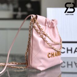 Túi Chanel 22 Mini Handbag Pink Shiny Hồng Logo Vàng Da Bê 20CM GHW Best Quality
